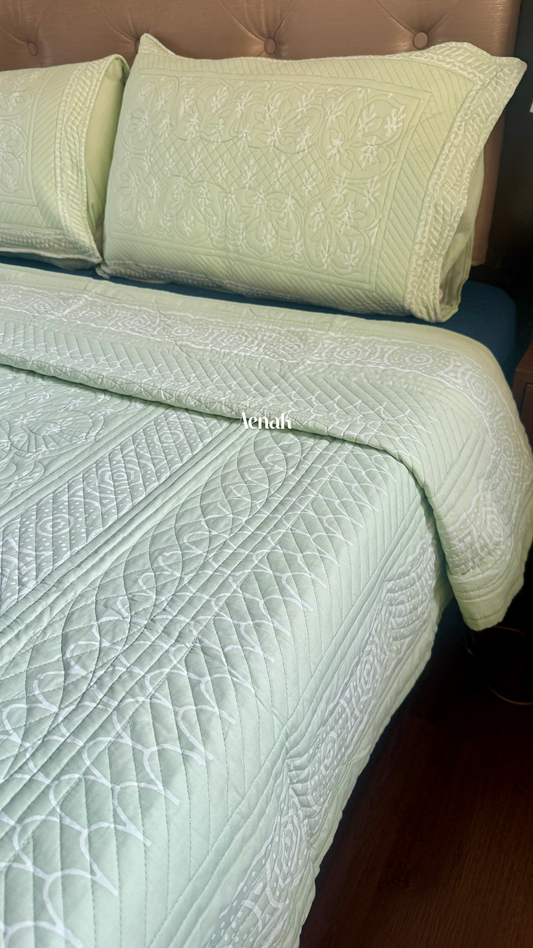 Light Green Embossed Quilted Handblock Printed Bedcover