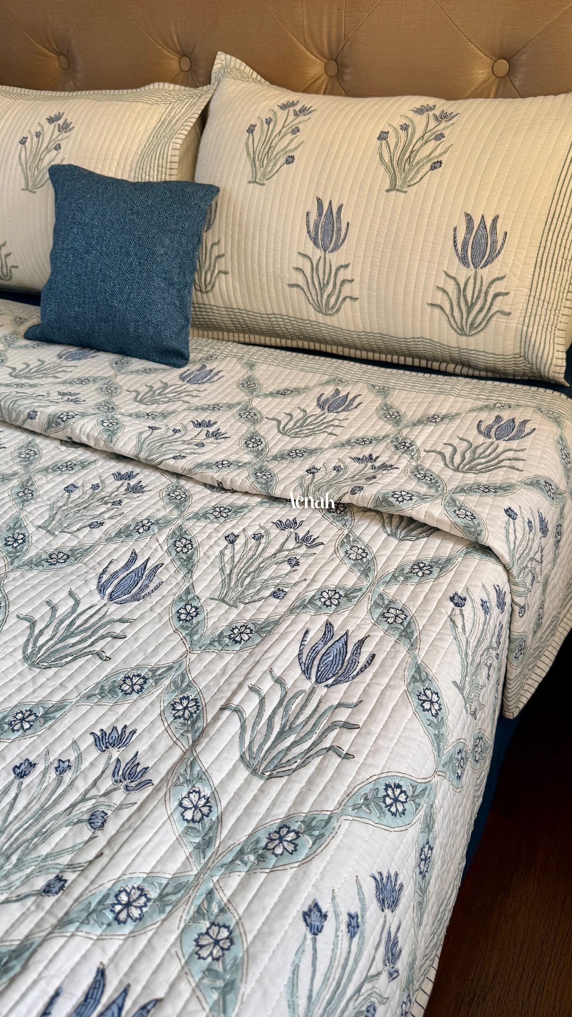 Blue Lotus Handblock Printed Reversible Straight Quilted Bedcover