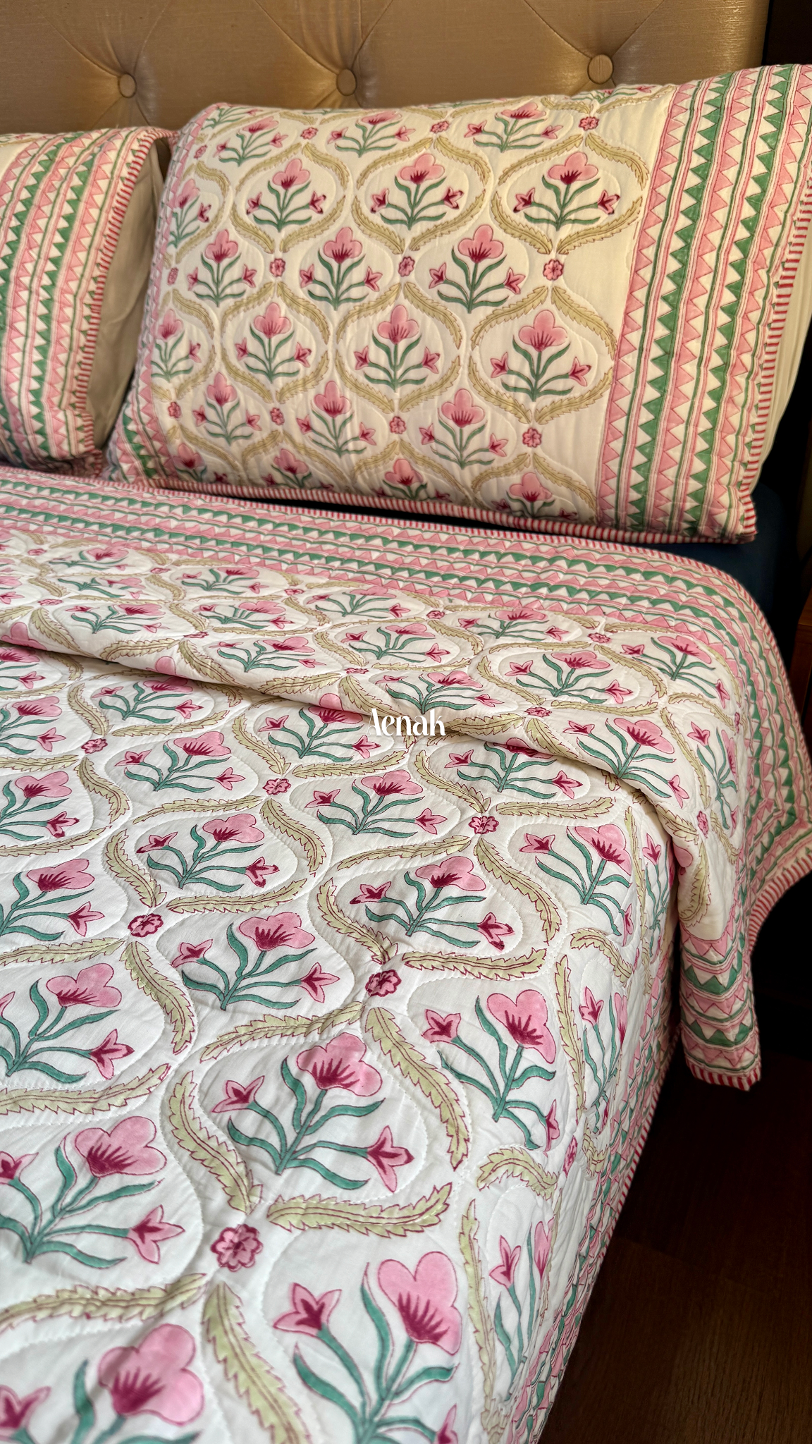 Pink & Green Cotton Bud Handblock Printed Reversible Quilted Bedcover