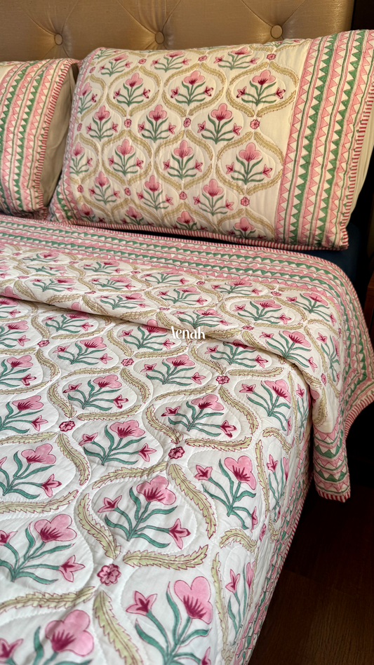 Pink & Green Cotton Bud Handblock Printed Reversible Quilted Bedcover