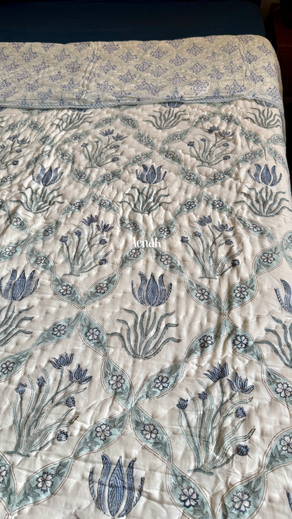 Blue Lotus Handblock Printed Reversible Mulmul Cotton Quilt