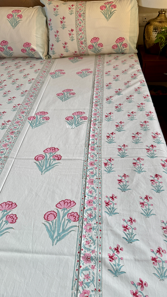 Pink & Sage Blue Handblock Printed Premium Cotton Bedsheet
