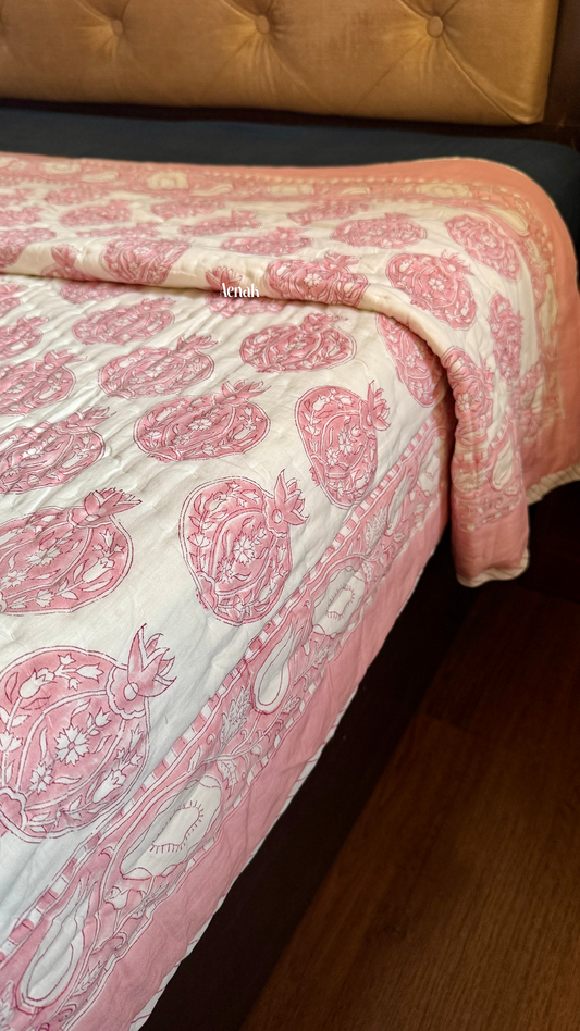 Pink Anaar Handblock Printed Reversible Mulmul Cotton Quilt