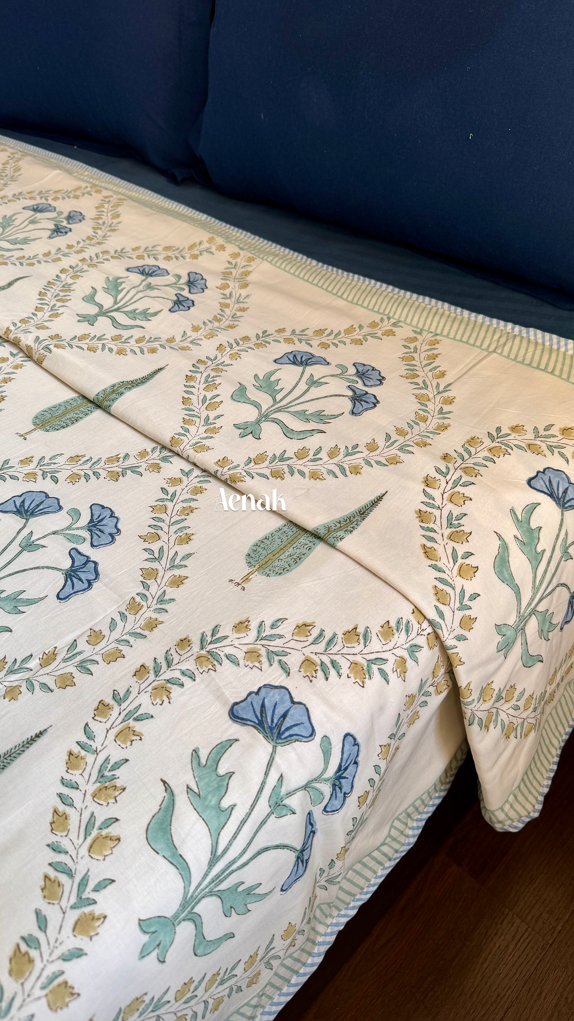 Blue Poppy Jaal Handblock Printed Mulmul Cotton Reversible Dohar (Beige Base)