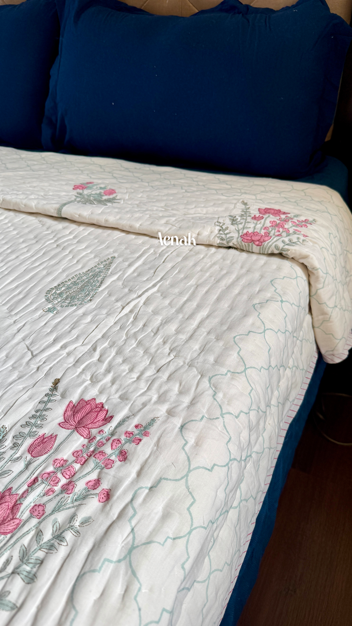 Green Ashoka Handblock Printed Reversible Mulmul Cotton Quilt