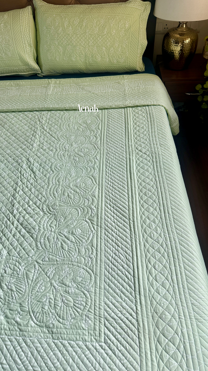 Light Green Embossed Quilted Handblock Printed Bedcover