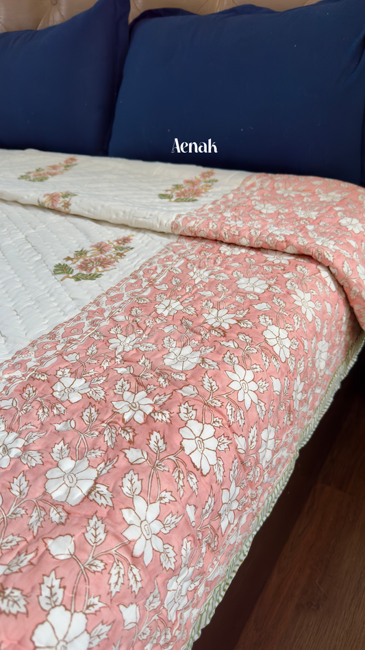 Peach Dahlia Handblock Printed Reversible Mulmul Cotton Quilt