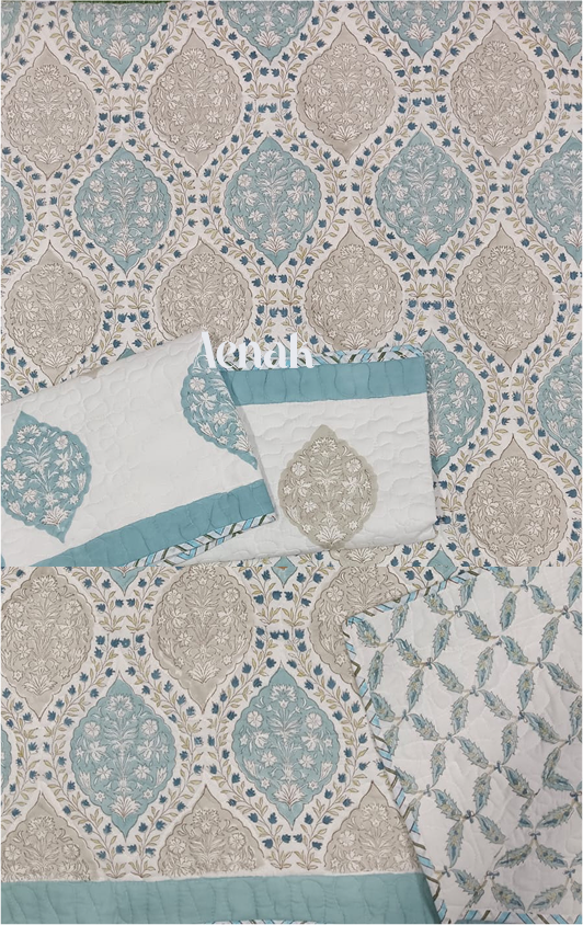 Blue & Grey Jaal Handblock Bedsheet + Quilted Bedcover Combo
