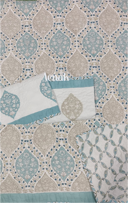 Blue & Grey Jaal Handblock Bedsheet + Quilted Bedcover Combo