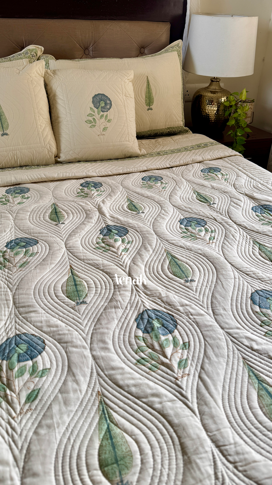 Beige Embossed Handblock Printed Quilted Bedcover (Non-White Base)