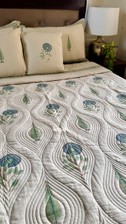 Beige Embossed Handblock Printed Quilted Bedcover (Non-White Base)
