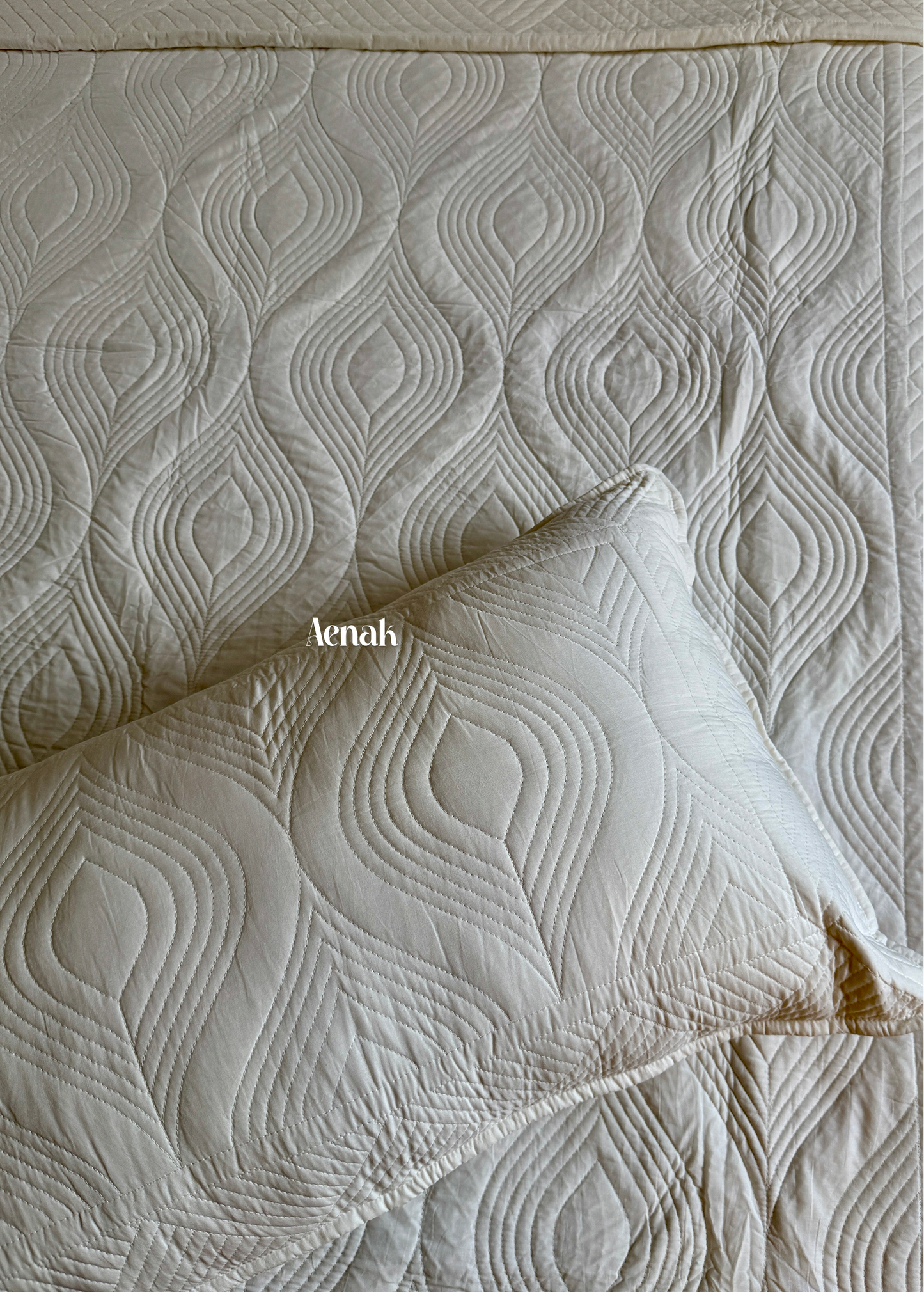 White Embossed Leaf Quilted Bedcover with Brown Lace