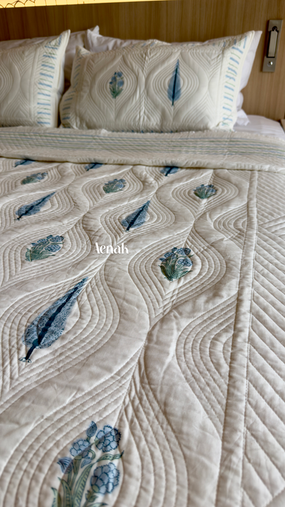 White Embossed Handblock Printed Quilted Bedcover