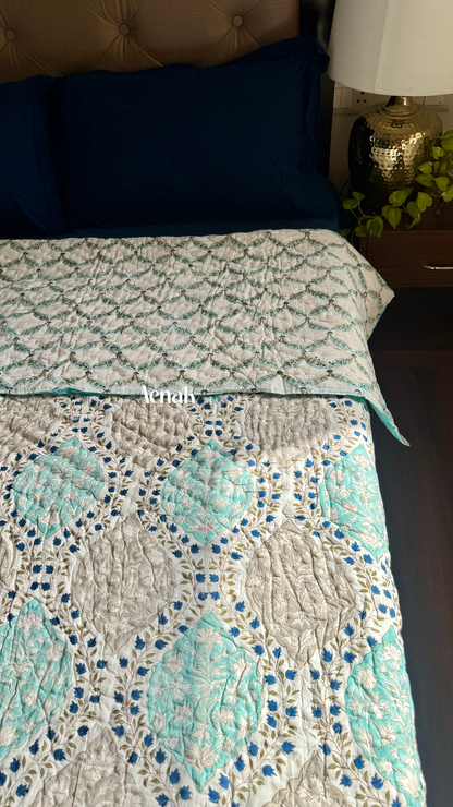 Blue Jaal Handblock Printed Reversible Mulmul Cotton Quilt