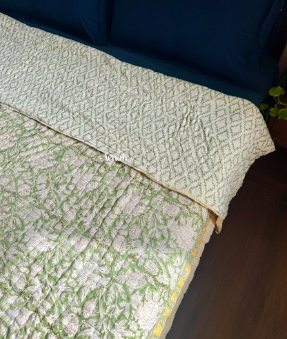 Green Gadd Handblock Printe Reversible Mulmul Cotton Quilt