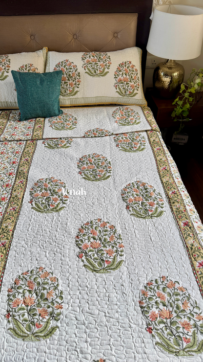 Yellow Phool Boota Handblock Printed Reversible Quilted Bedcover