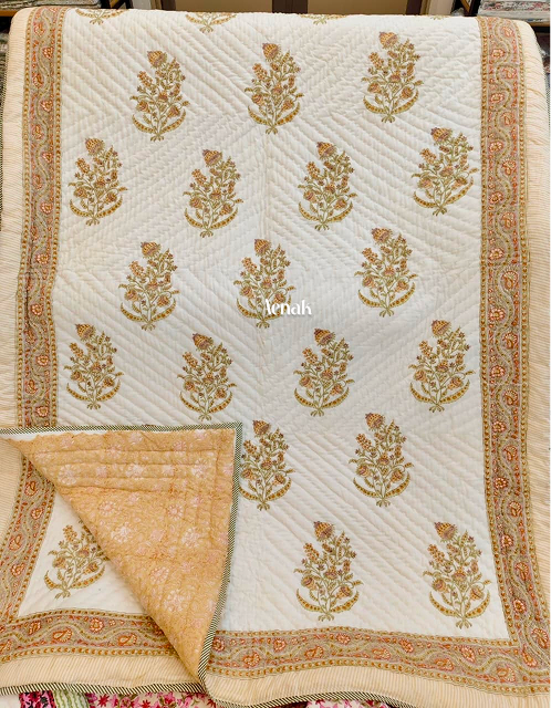 Yellow Floral Boota Handblock Reversible Mulmul Cotton Single Quilt