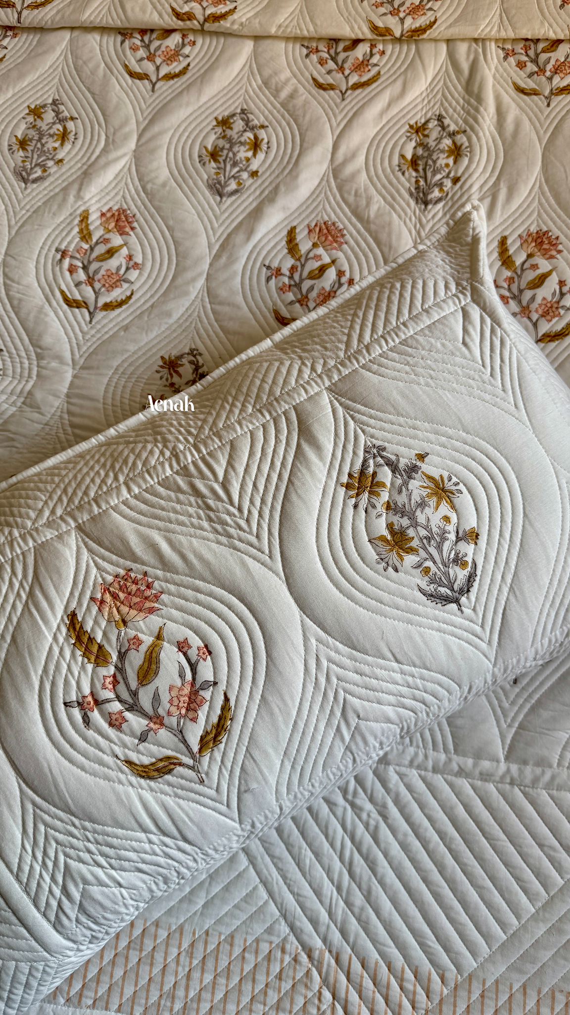 Peach Phool Embossed Handblock Quilted Bedcover Set