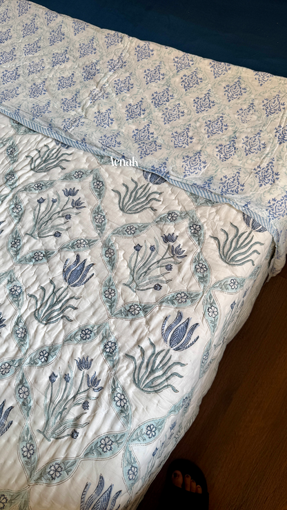 Blue Lotus Handblock Printed Reversible Mulmul Cotton Quilt