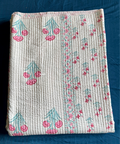 Pink & Sage Blue Floral Handblock Printed Reversible Straight Quilted Bedcover