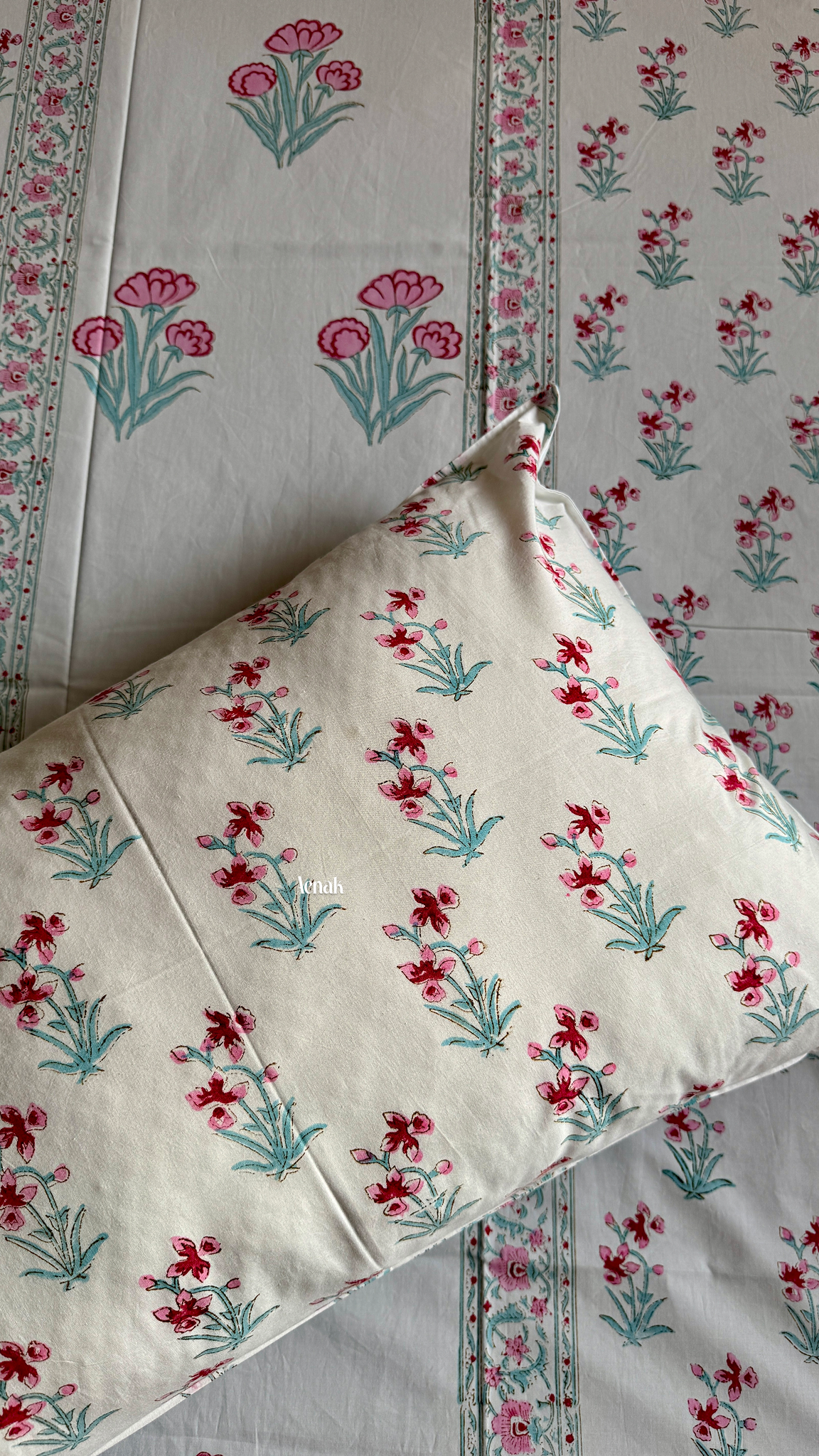 Pink & Sage Blue Handblock Printed Premium Cotton Bedsheet