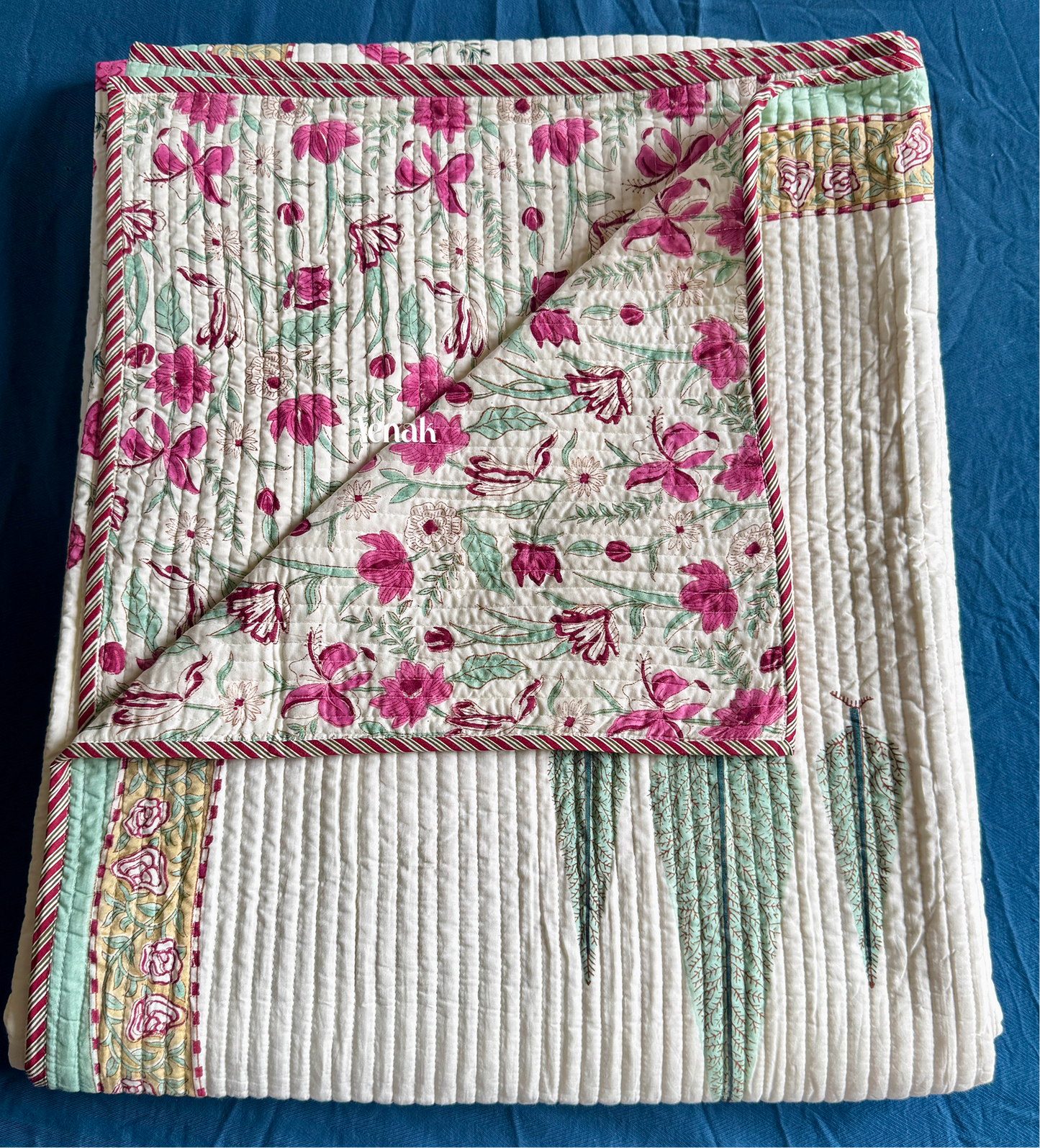 Magenta Floral Garden Handblock Printed Reversible Quilted Bedcover (Ivory Base)