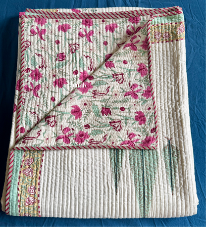 Magenta Floral Garden Handblock Printed Reversible Quilted Bedcover (Ivory Base)