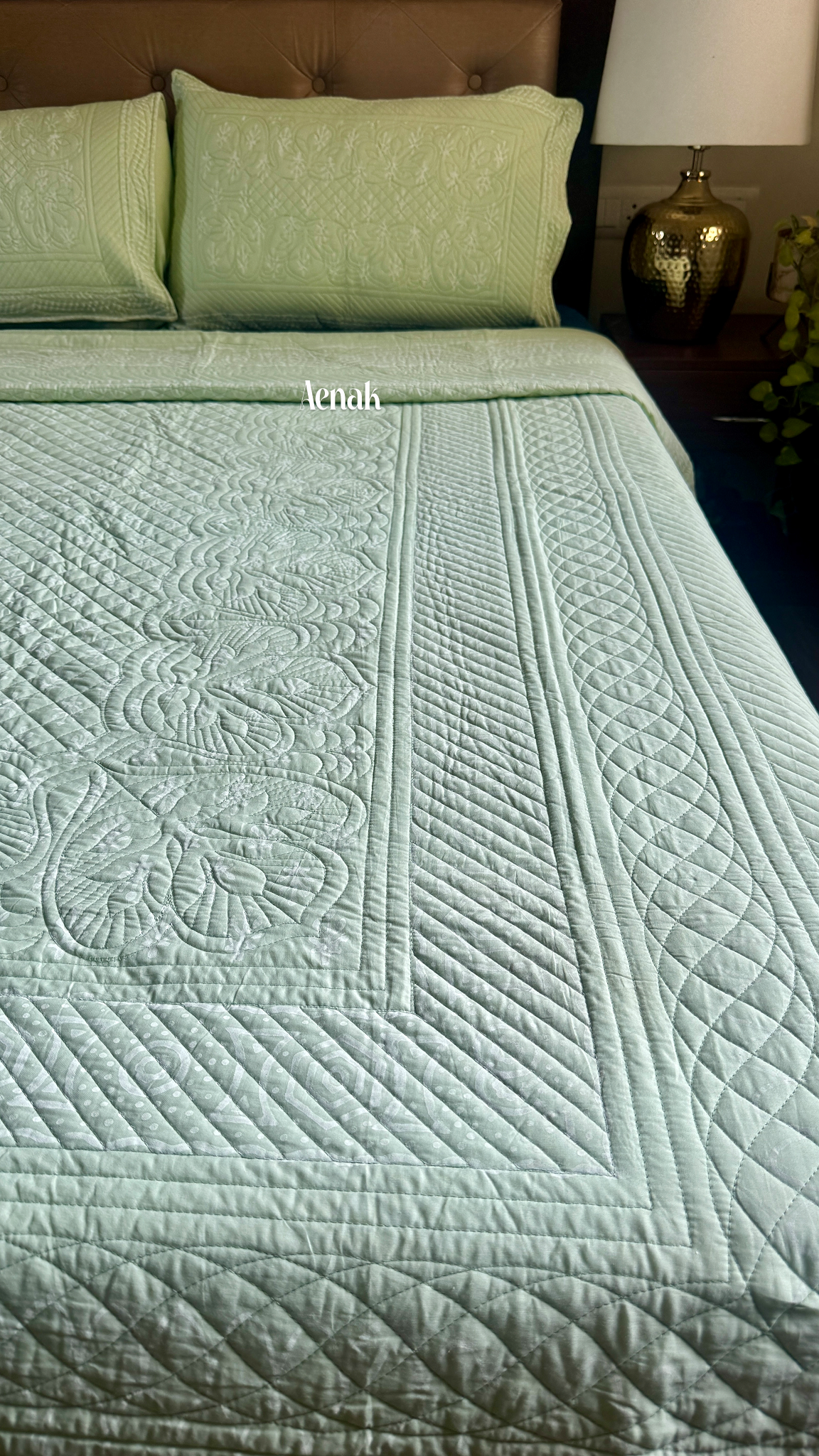 Light Green Embossed Quilted Handblock Printed Bedcover