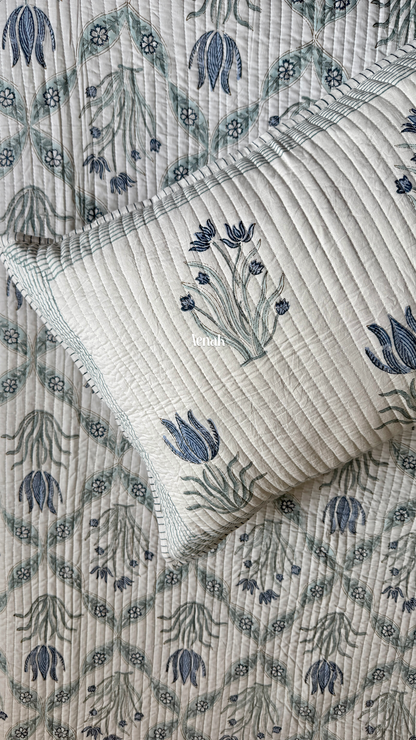 Blue Lotus Handblock Printed Reversible Straight Quilted Bedcover