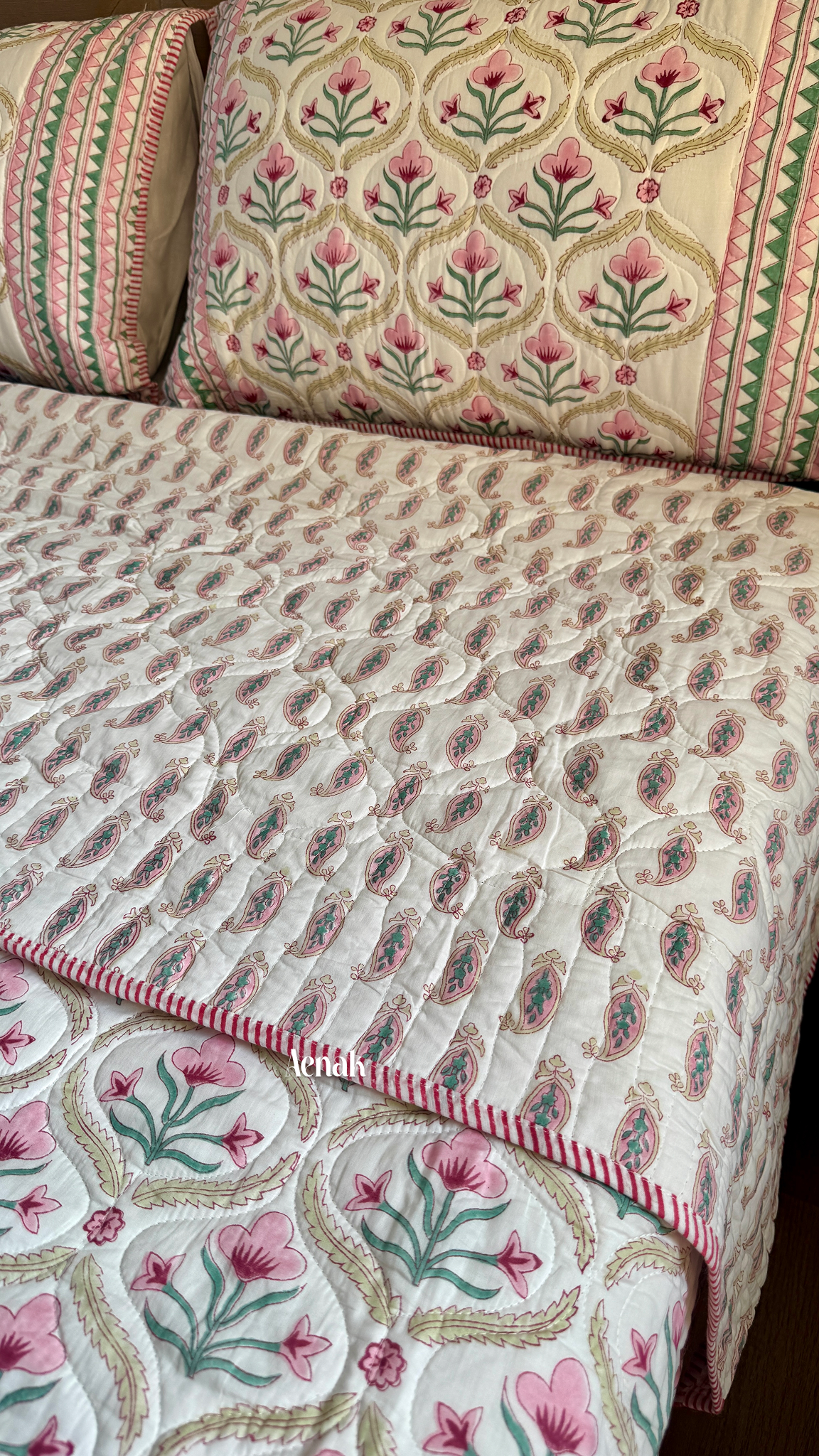 Pink & Green Cotton Bud Handblock Printed Reversible Quilted Bedcover