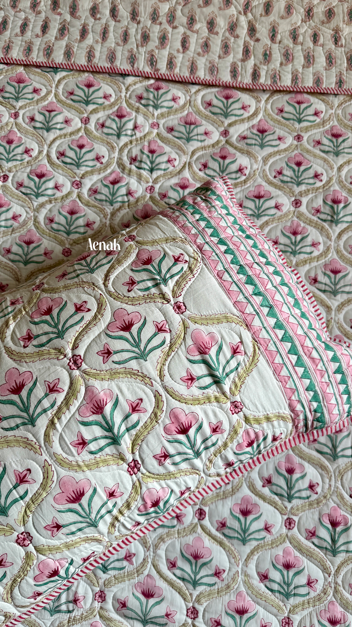 Pink & Green Cotton Bud Handblock Printed Reversible Quilted Bedcover