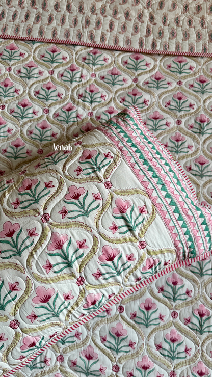 Pink & Green Cotton Bud Handblock Printed Reversible Quilted Bedcover