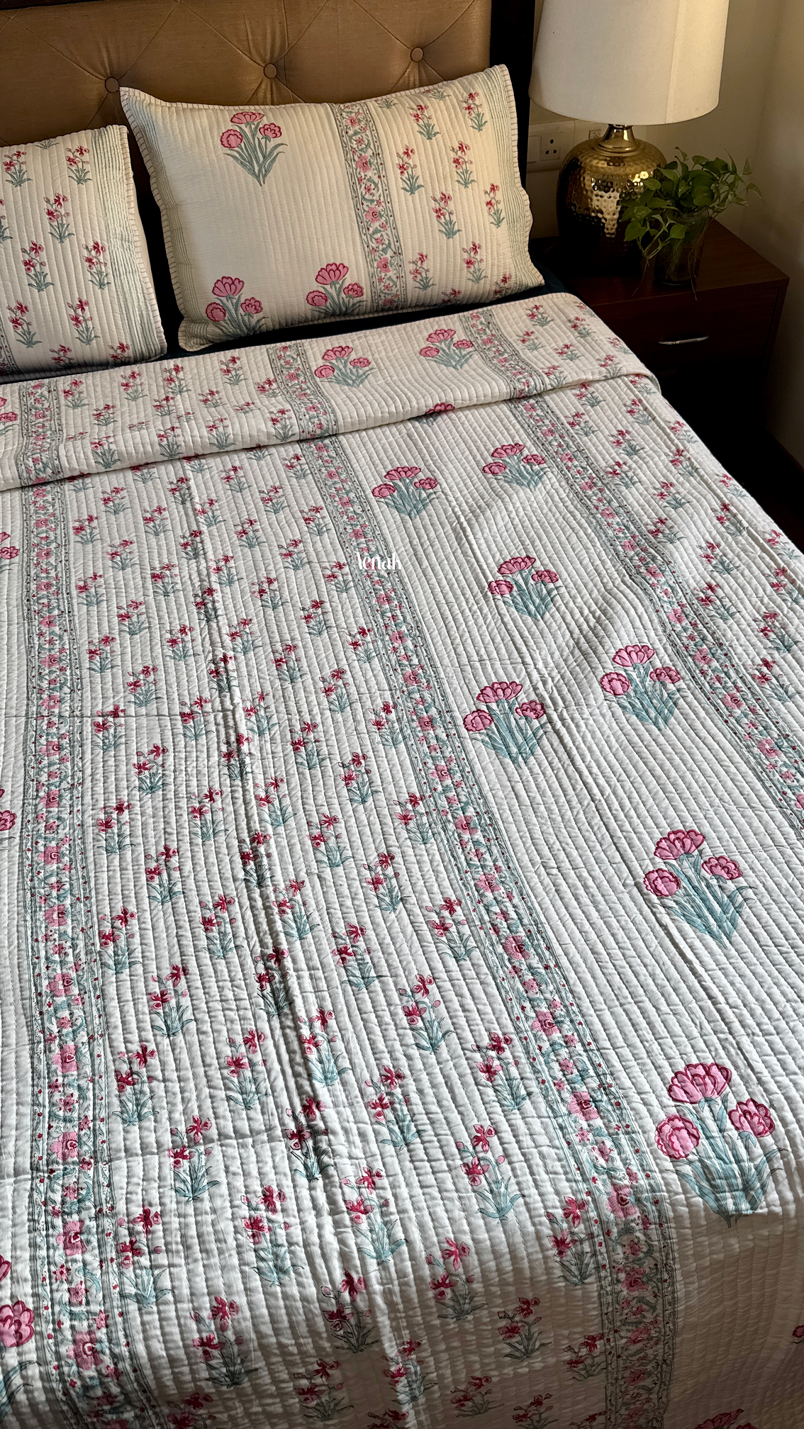 Pink & Sage Blue Floral Handblock Printed Reversible Straight Quilted Bedcover