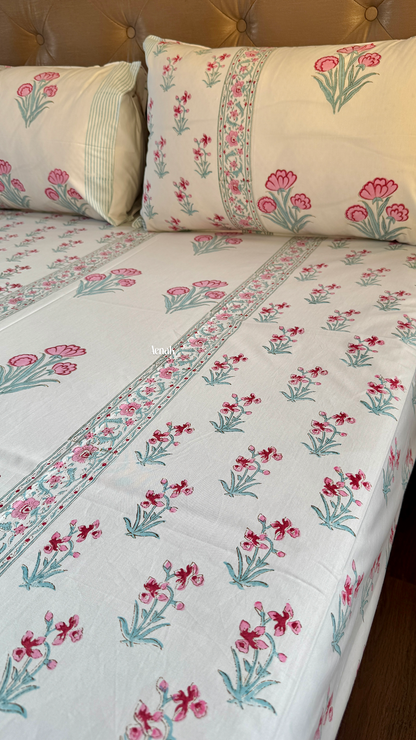 Pink & Sage Blue Handblock Printed Premium Cotton Bedsheet