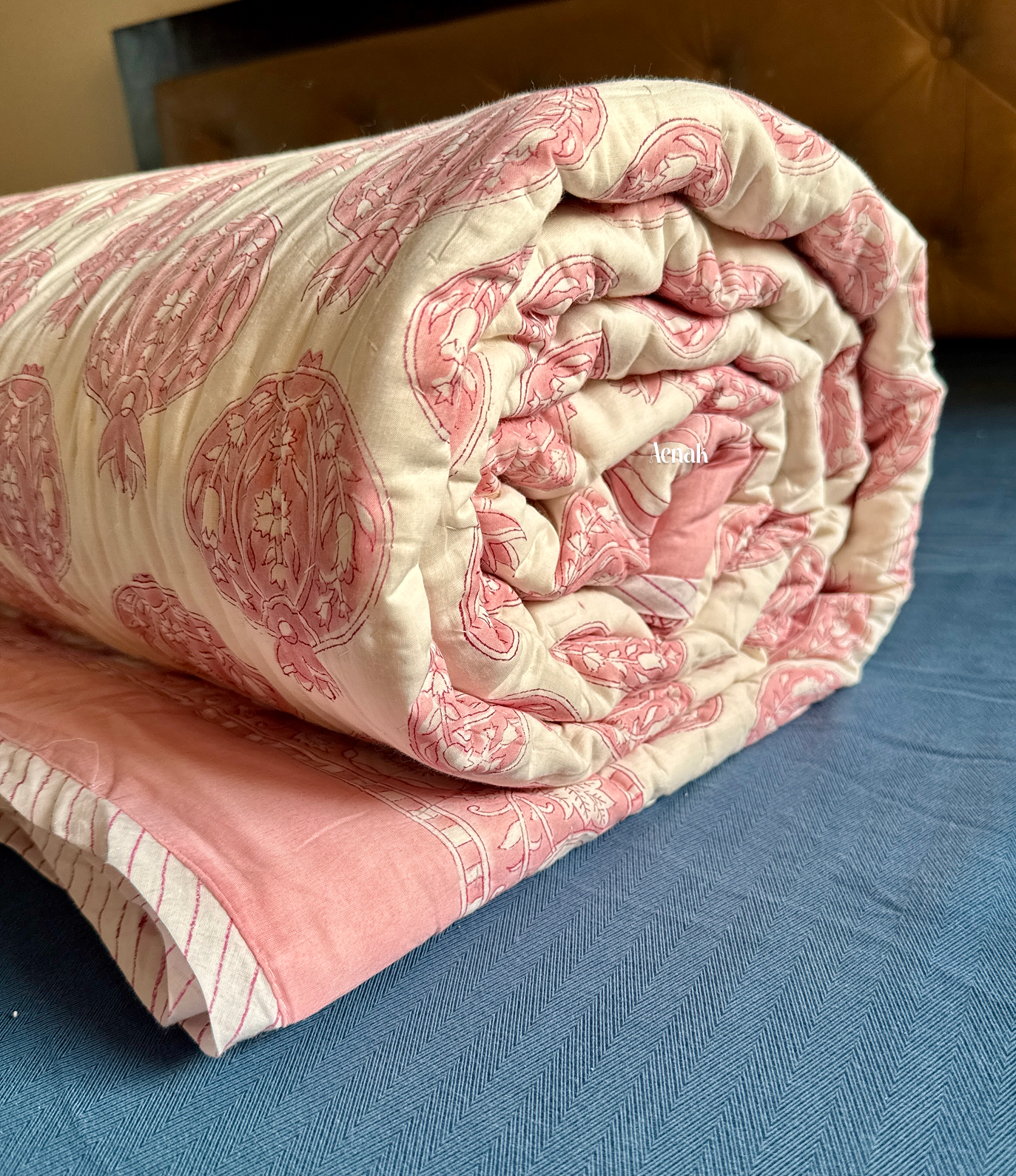 Pink Anaar Handblock Printed Reversible Mulmul Cotton Quilt
