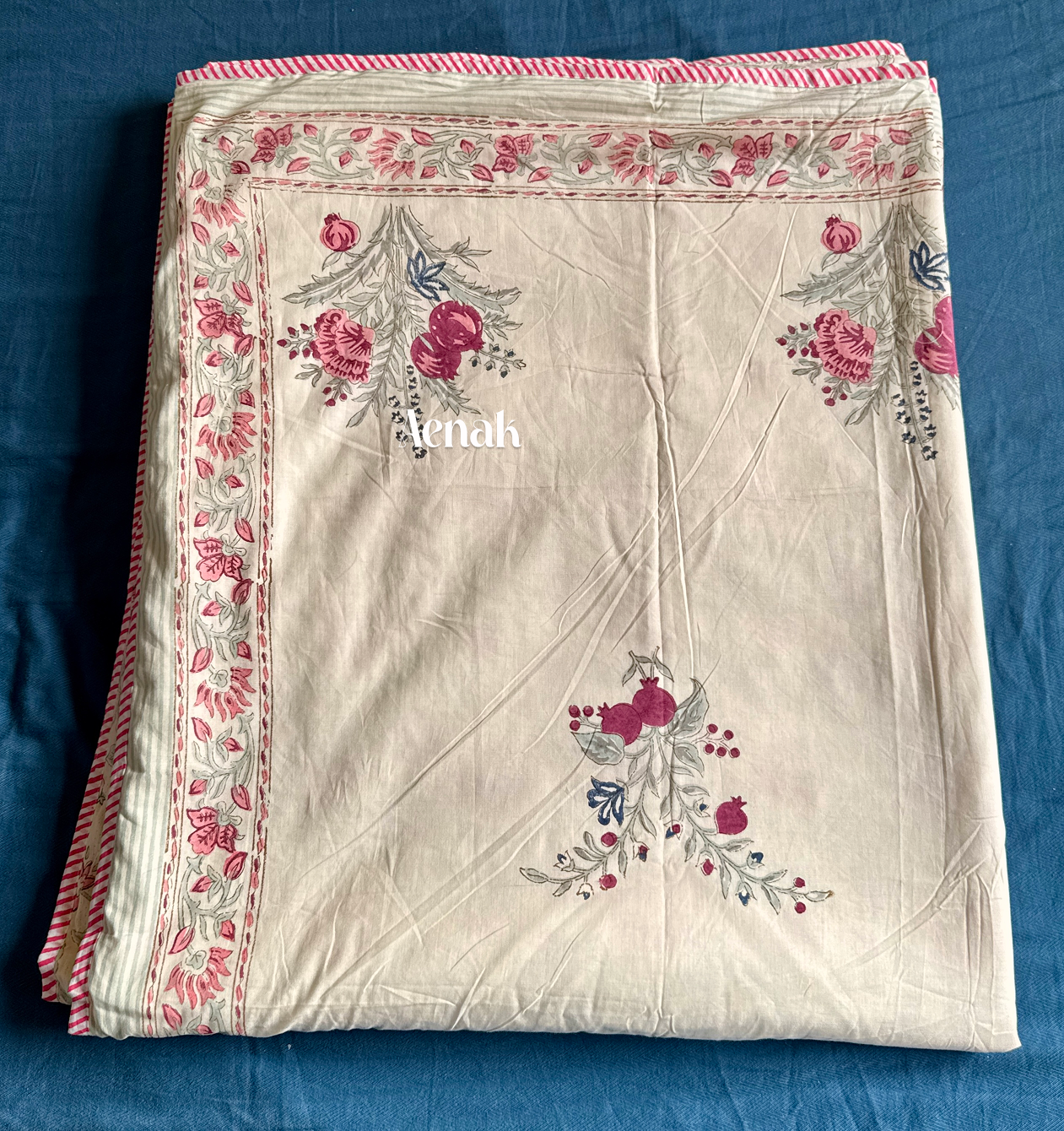 Burgundy Anaar Handblock Printed Mulmul Cotton Reversible Dohar (Beige Base)