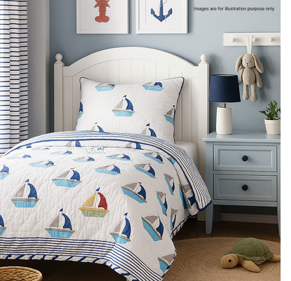 Blue & Red Boat Handblock Printed Reversible Mulmul Cotton Blanket