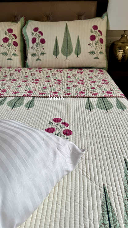 Magenta Floral Garden Handblock Printed Reversible Quilted Bedcover (Ivory Base)