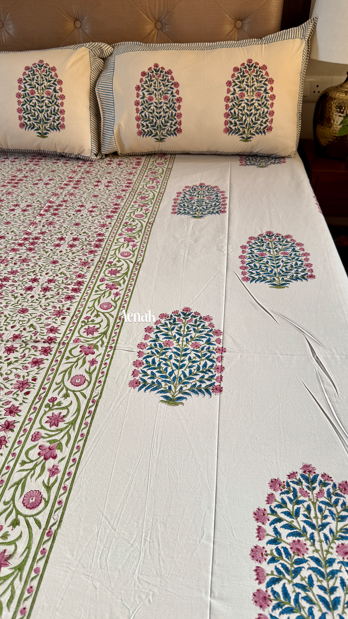 Burgundy & Beige Floral Handblock Printed Premium Cotton Bedsheet (Beige Base)