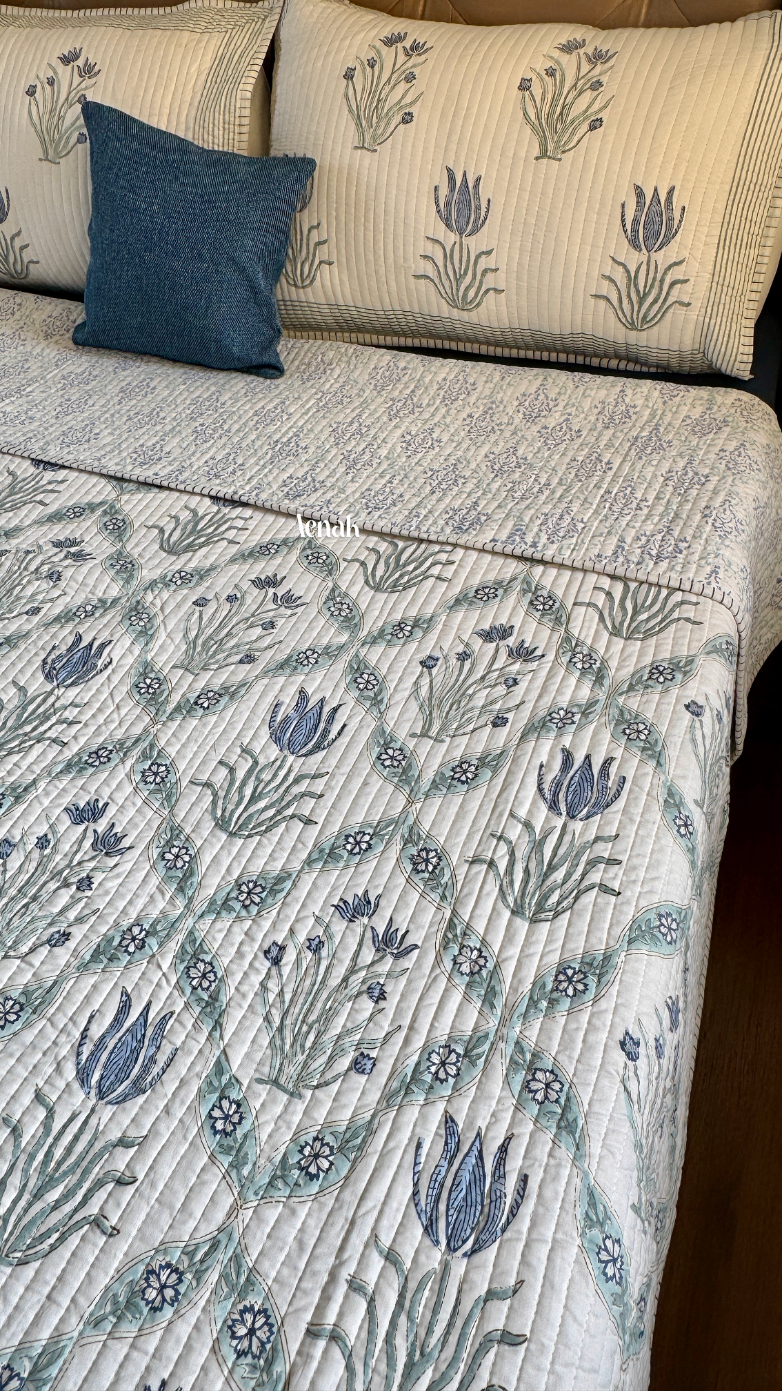 Blue Lotus Handblock Printed Reversible Straight Quilted Bedcover