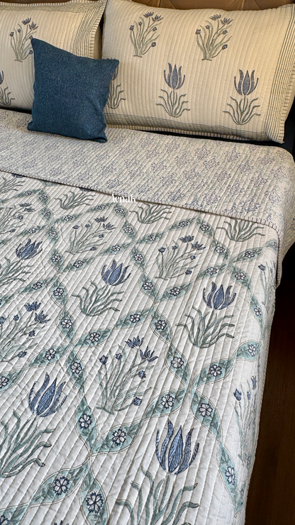 Blue Lotus Handblock Printed Reversible Straight Quilted Bedcover