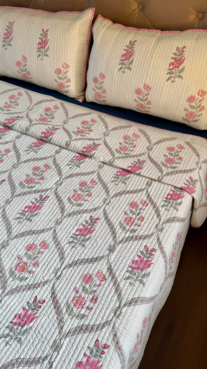 Pink Periwinkle Handblock Printed Reversible Straight Quilted Bedcover