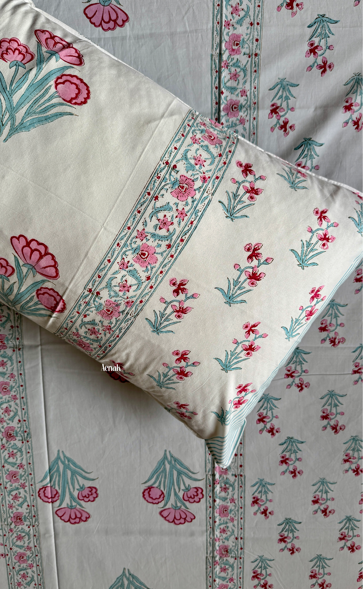 Pink & Sage Blue Handblock Printed Premium Cotton Bedsheet