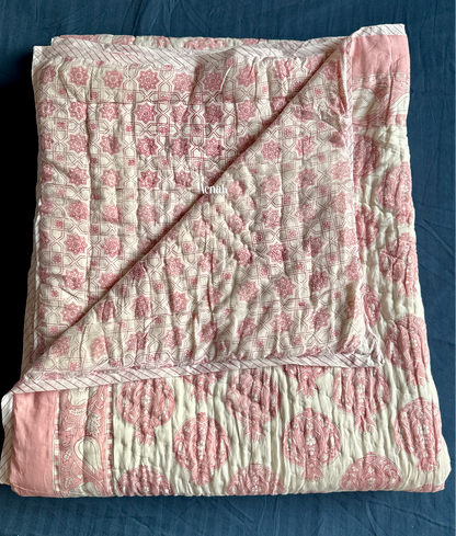 Pink Anaar Handblock Printed Reversible Mulmul Cotton Quilt