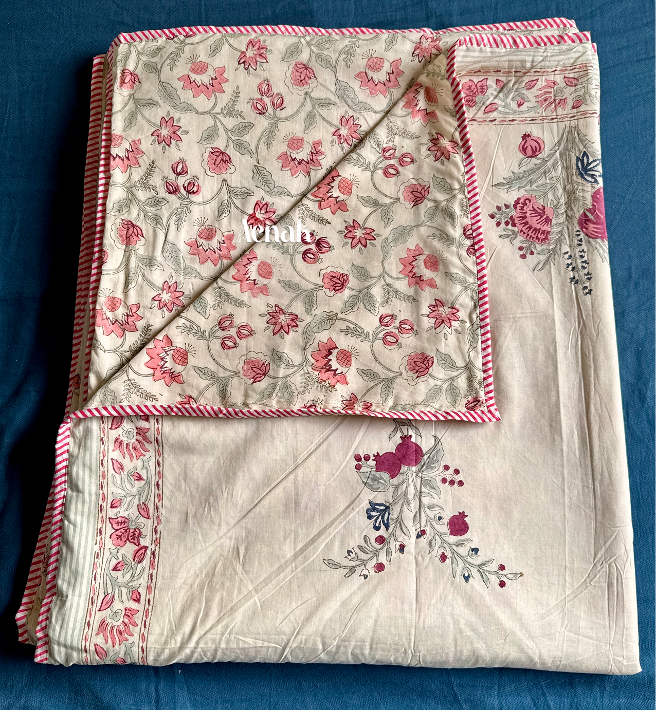 Burgundy Anaar Handblock Printed Mulmul Cotton Reversible Dohar (Beige Base)