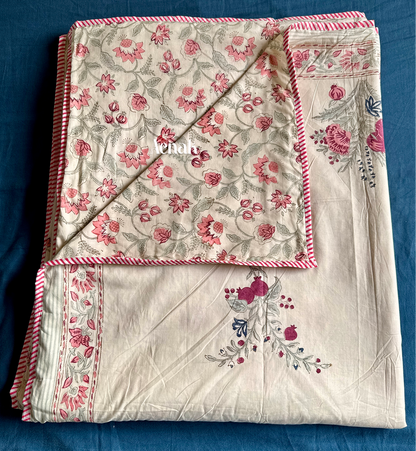 Burgundy Anaar Handblock Printed Mulmul Cotton Reversible Dohar (Beige Base)