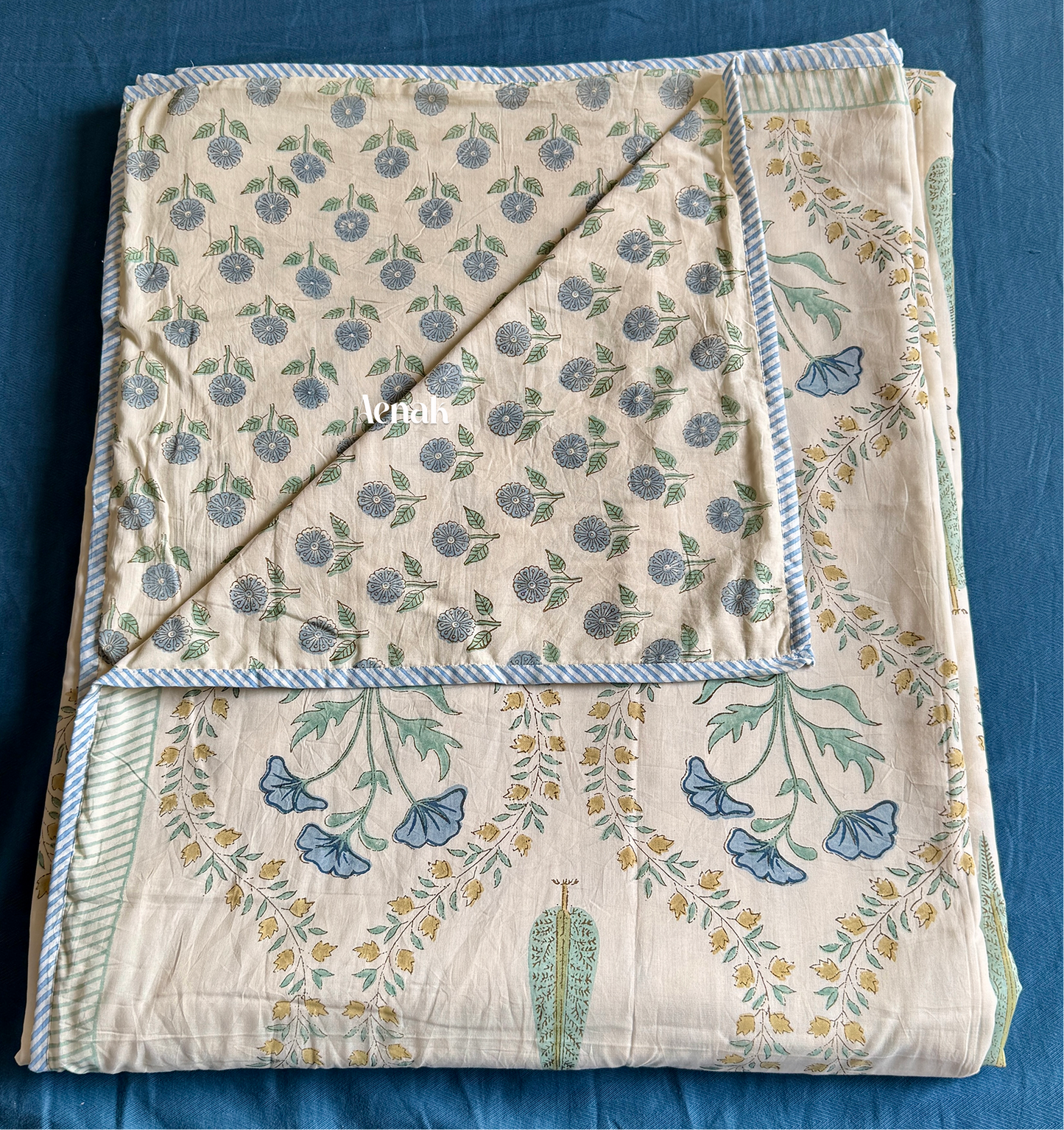 Blue Poppy Handblock Bedsheet + Dohar Combo (Beige Base)