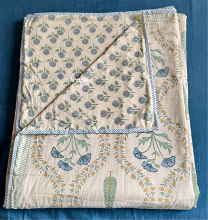 Blue Poppy Handblock Bedsheet + Dohar Combo (Beige Base)