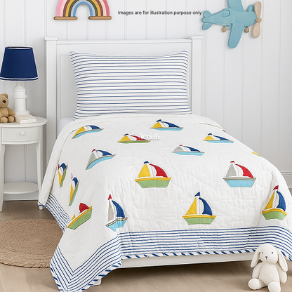 Blue & Red Boat Handblock Printed Reversible Mulmul Cotton Blanket