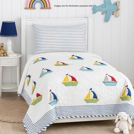 Blue & Red Boat Handblock Printed Reversible Mulmul Cotton Blanket